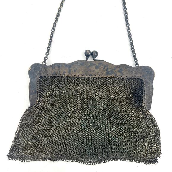 Antique German Silver Mesh Purse 6" x 5.5" with 9" Strap Drop - Picture 5 of 11